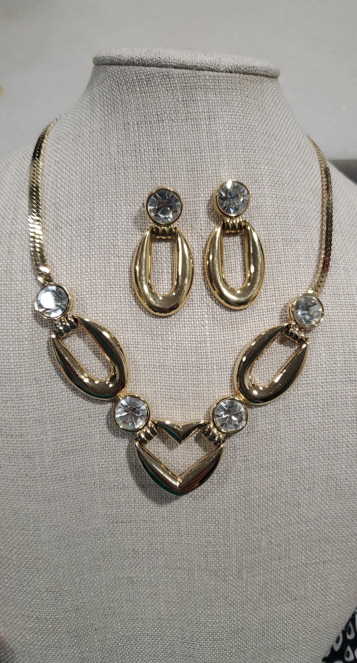 Vintage Gold and Clear Crystal Necklace & Earring Set